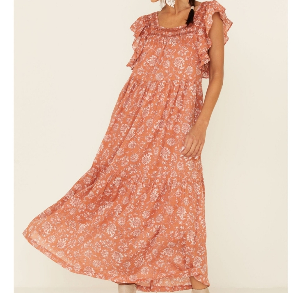 Free People Bonita Cotton Romantic Printed Midi Dress in Neutral Combo Medium